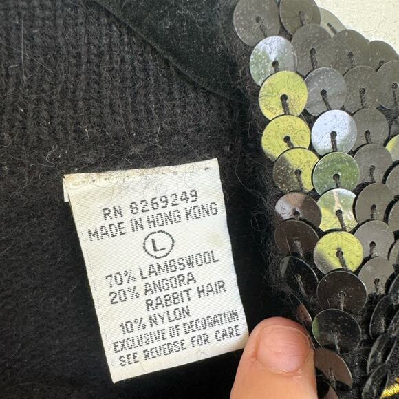 Vintage 80s black Bejeweled sequin Balloon Sleeve Wool Angora cozy Sweater large - Picture 4 of 6